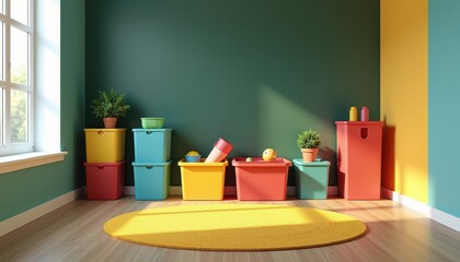 A 3D-rendered stock photo of a vibrant children’s playroom with colorful storage bins and a chalkboard wall.