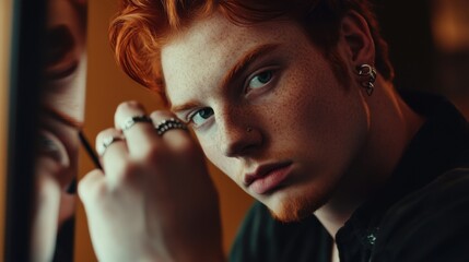Handsome man with red hair applying eyeliner in front of the mirror with punk-style rings on his wrists in a dimly lit room