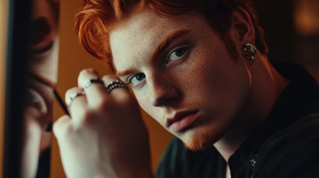 Handsome man with red hair applying eyeliner in front of the mirror with punk-style rings on his wrists in a dimly lit room