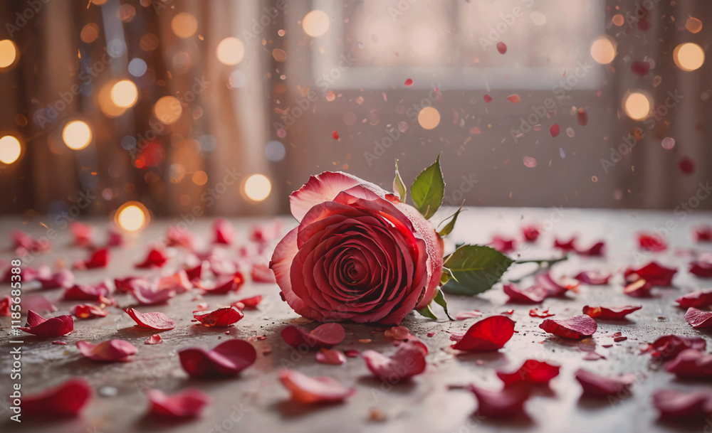 Poster Red rose is on a table with red petals scattered around it. The rose is the main focus of the image