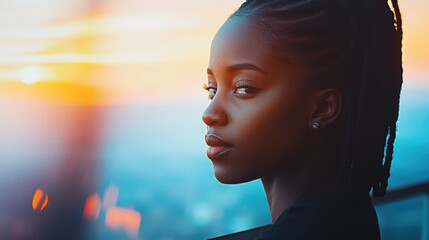 Silhouettes and Dreams: A woman gazes into the distance as the sun sets, casting a warm glow on her face. Her braided hair and profile add to a sense of mystery and contemplation.