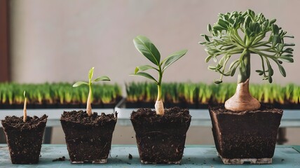 A visual representation of the plant life cycle, showing the stages of plant growth. From left to right, there's a tiny sprout emerging from the soil, a plant with one leaf and a developed stem.