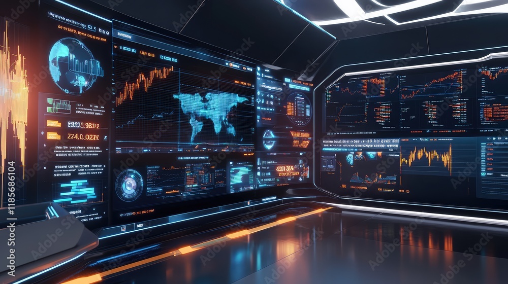 Poster a conceptual image of a virtual stock trading interface glowing with dynamic visuals, placed on a sl