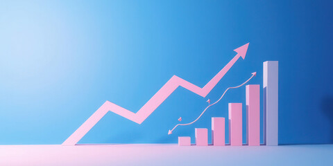 Dynamic Growth Visualization" 3D Graph with Pink Elements on Light Blue Background, Ideal for Data Analysis and Business Achievement Themes