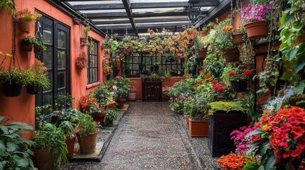 Obraz premium A cozy indoor garden space with potted plants, hanging planters, and decorative accessories, providing a perfect environment for garden design ideas and ample text space.