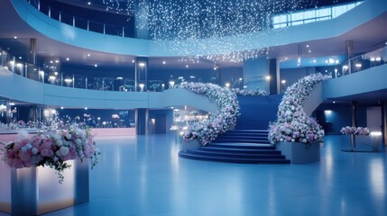 Grand Staircase Wedding Venue: A breathtaking view of an elegant wedding venue's grand staircase, adorned with luxurious floral arrangements, creating a magical and romantic ambiance.