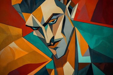 Abstract portrait of a man in bold colors and geometric shapes, showcasing modern art and...