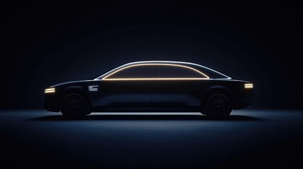 A futuristic autonomous car glowing softly with smart technology elements, parked on a minimalist background with ample copy space
