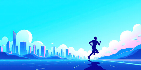 Ultraz Future City" Digital Painting of a Runner in Motion, Featuring Cubist Style and Futuristic City Skyline