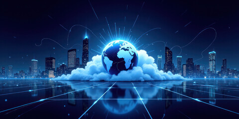 Futuristic Cityscape with Glowing Earth Globe and Reflective Surface, Highlighting Environmental and Technological Themes in Vibrant Digital Art