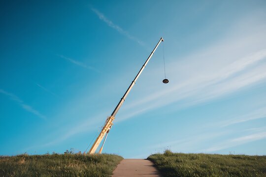 A long crane arm extends into a vibrant blue sky, suspending a dark, spherical object. The scene is simple, yet striking, highlighting the cranes reach and the weight it carries.