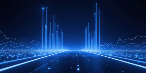 Digital Artwork of a Radiant Semi-Columned Walkway with Tower Lights, Ideal for Cyberpunk and Futuristic Themes, Featuring Halation Effect and Vanishing Point
