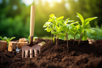 Gardening fork rests beside vibrant young seedlings emerging from dark, fertile soil, illuminated by warm sunlight on clear afternoon, showcasing nature growth and care.