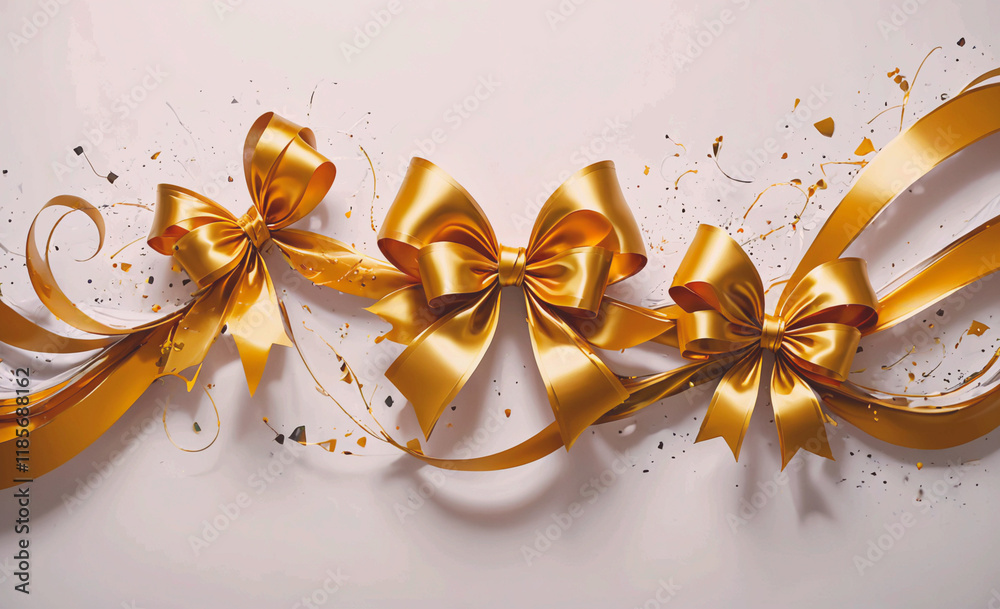 Poster three gold bows are hanging from a white background. the bows are arranged in a line, with the middl