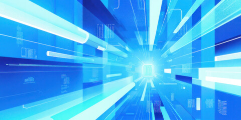 Futuristic Tiled Virtual Environment with Blue and White Digital Ambiance, Central Illuminated Path, and High-Tech Data Screens, Ideal for Tech Conferences and Digital Innovation Themes