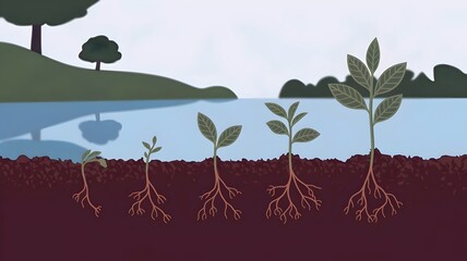 An illustration of the stages of plant growth, from a tiny sprout emerging from the soil to a more mature plant with several leaves and a developed stem. 