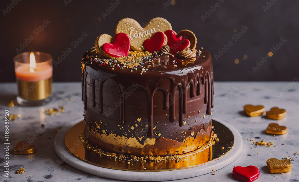 Poster chocolate cake with a heart on top and the word forever written on it. the cake is sitting on a whit