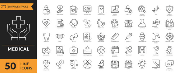 Medical icon set. Containing medicine, hospital, treatment, healthcare, doctor, pills, clinic and more. Vector illustration