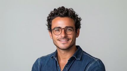 Obraz premium Confident male portrait in casual denim. Young man with glasses and curly hair smiles. Casual shirt enhances friendly expression. Trendy and positive fashion headshot for modern lifestyle use.