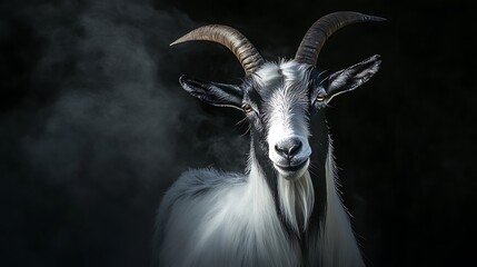 The head of a black and white goat with elegant horns appearing through a dense black background and mist