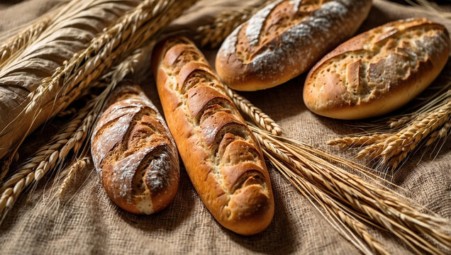Artisan Bread Selection with Burlap and Wheat Stalks