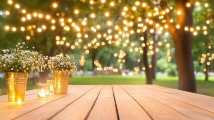 Fototapeta premium Enchanted Garden Table: A rustic wooden table sits beneath a canopy of twinkling fairy lights, creating a magical and romantic ambiance for a special event. 