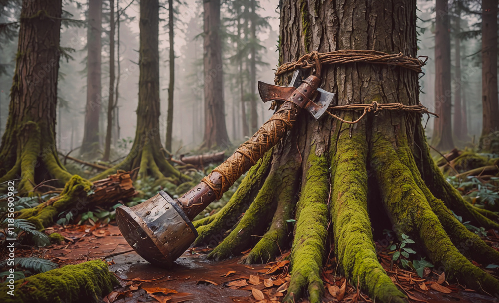 Aufkleber Large axe is tied to a tree trunk. The tree is surrounded by moss and has fallen leaves