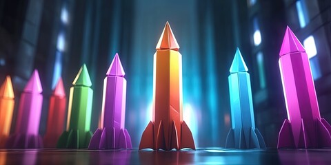 Colorful origami rockets in futuristic design. Vibrant abstract rockets show creativity and innovation. Imagination and geometry create playful potential, modern art perspective, bright concept.