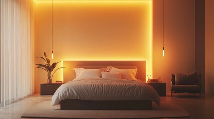 A minimalist bedroom illuminated by smart lighting with soft and adjustable hues, displayed in a clean and calming environment with blank space