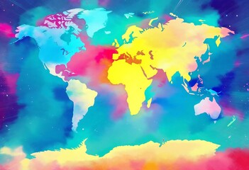 Naklejka premium World Map Watercolor Painting with Vibrant Rainbow Colors