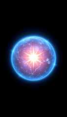 Abstract energy sphere round planet star futuristic cosmic blue beautiful glowing magic on black background. Abstract background, with white tones