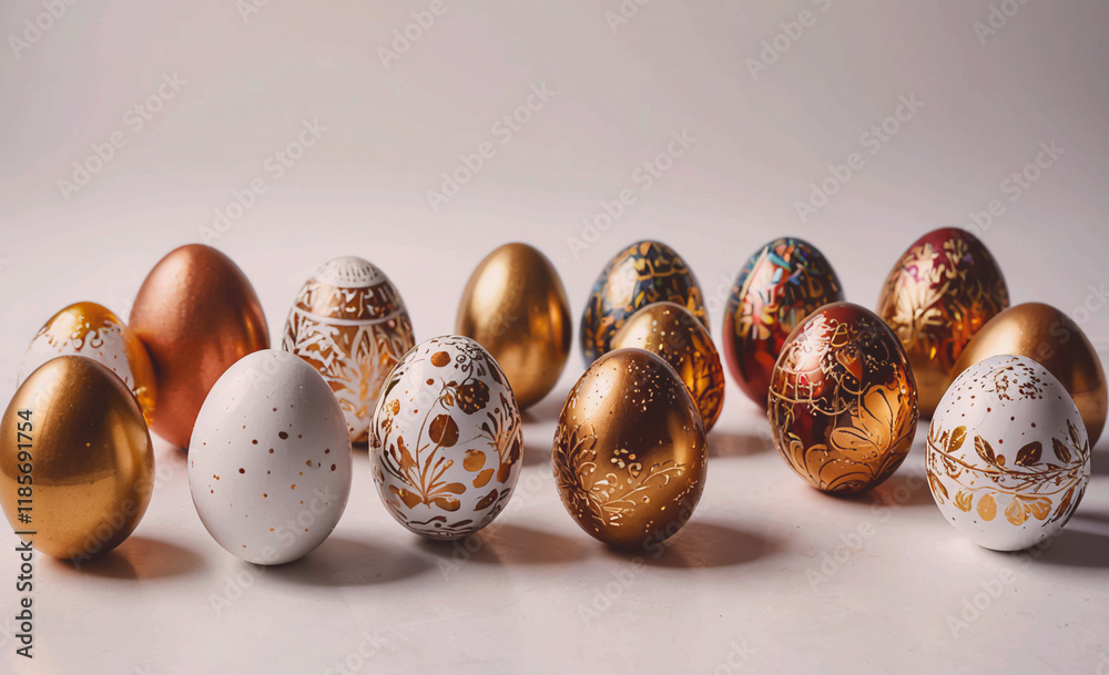 Poster row of gold and white eggs with designs on them. some are gold and some are white
