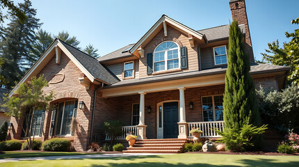 A two-story brick house with a front porch, large windows, and a neatly landscaped lawn. The house features a prominent arched window on the second floor and is surrounded by mature trees and shrubs.