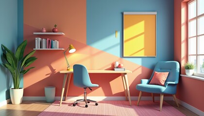 A 3D-rendered stock photo of a vibrant home office with colorful wall art, a comfortable chair, and an ergonomic desk.