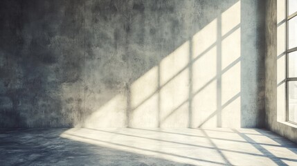 Obraz premium Sunlight streams through a large window into a minimalist concrete room.