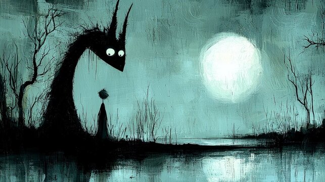 Surreal Nightmare: A Dark Figure and a Menacing Shadow in the Moonlight