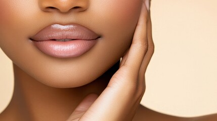 Obraz premium Close-up of Luscious Lips: A captivating close-up of a woman's lips, showcasing a soft, natural beauty. The delicate touch of her hand adds a touch of intimacy, drawing the viewer in. The warm.
