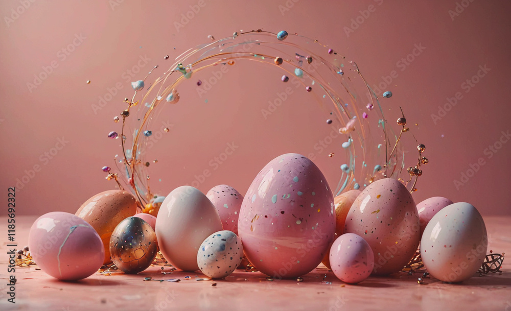 Aufkleber Bunch of eggs are arranged in a circle on a pink background. There are at least 12 eggs in the circle