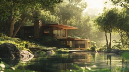 Fototapeta premium Architecture 3d rendering illustration of minimal modern house with natural landscape