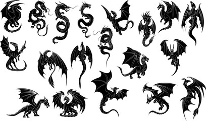 Fototapeta premium set silhouette dragons, collection on white background vector