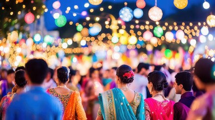 Fototapeta premium Vibrant Night Festival: A captivating rear view of a diverse crowd enjoying a lively night festival, illuminated by colorful hanging lanterns.