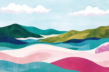 Colorful landscape illustration with abstract rolling hills, vibrant water elements, and puffy clouds, suitable for nature-themed projects, art, or relaxation visuals.