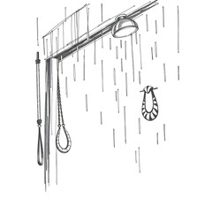 Gym corner with rings, rope, and shower.