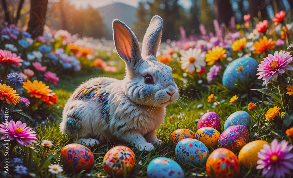 Aufkleber Rabbit is sitting in a field of flowers and eggs. The rabbit is white and has a black nose. There are many eggs scattered around the field, some of which are painted