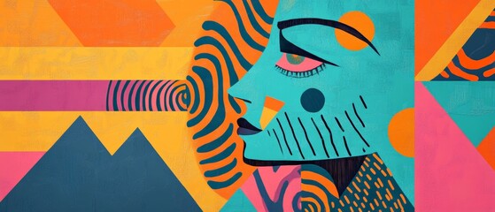 Colorful mural artwork featuring an abstract portrait with geometric shapes and vibrant hues, highlighting modern arts influence in urban environments.