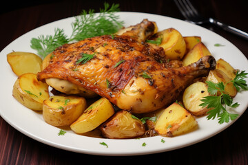 Succulent roasted chicken leg placed on white plate surrounded by golden, seasoned potatoes and fresh green herbs.