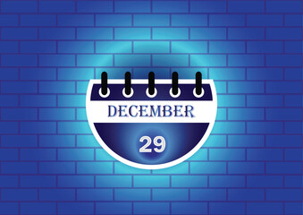 A digital illustration of a calendar page showing December 29th. The calendar is depicted against a blue brick wall background, illuminated by a soft glow, creating a visually appealing design.