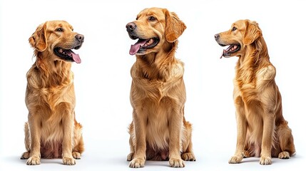 Three Golden Retrievers Sitting, Adorable Dog Portraits on White Background