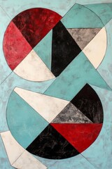 Fototapeta premium Abstract geometric art featuring circles and triangles in vibrant colors. Contemporary design with red, black, and turquoise elements for modern decor.
