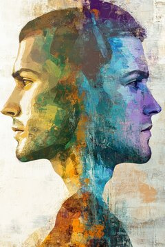 Dual portraits of two men reflecting contrasting perspectives with colorful abstract overlays, symbolizing identity, personality, and self-exploration in art.